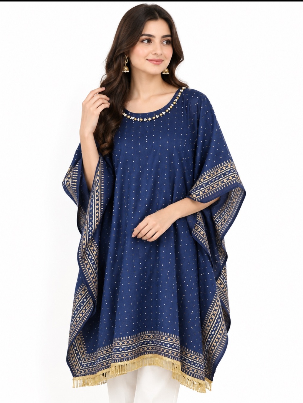 Women’s Navy Blue Kaftan with beautiful beads work on neck and Gold Trim